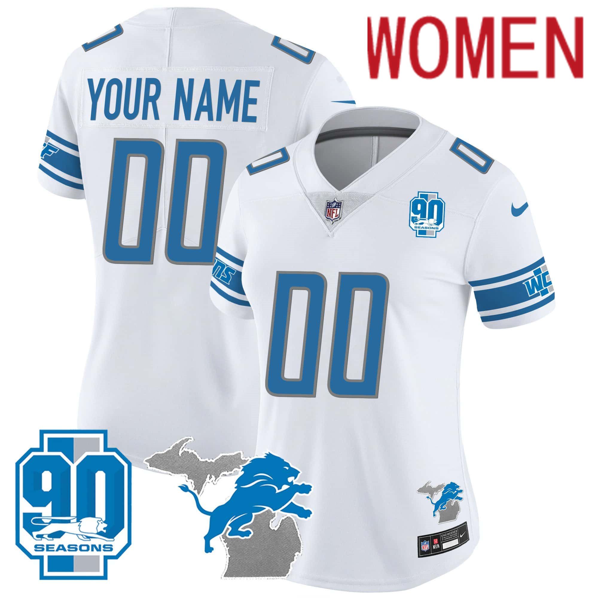 Women Detroit Lions White 2024 Nike 90th Year Michigan Patch Custom Vapor NFL Jersey